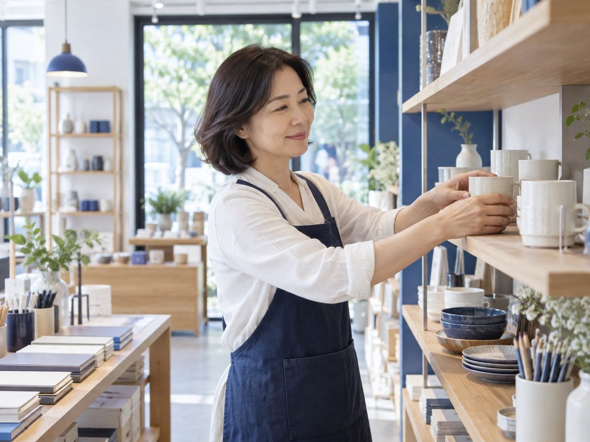 호텔 PG가입 · 앞치마를 두른 여성이 선반의 물건을 정리하는 장면(연출 사진)