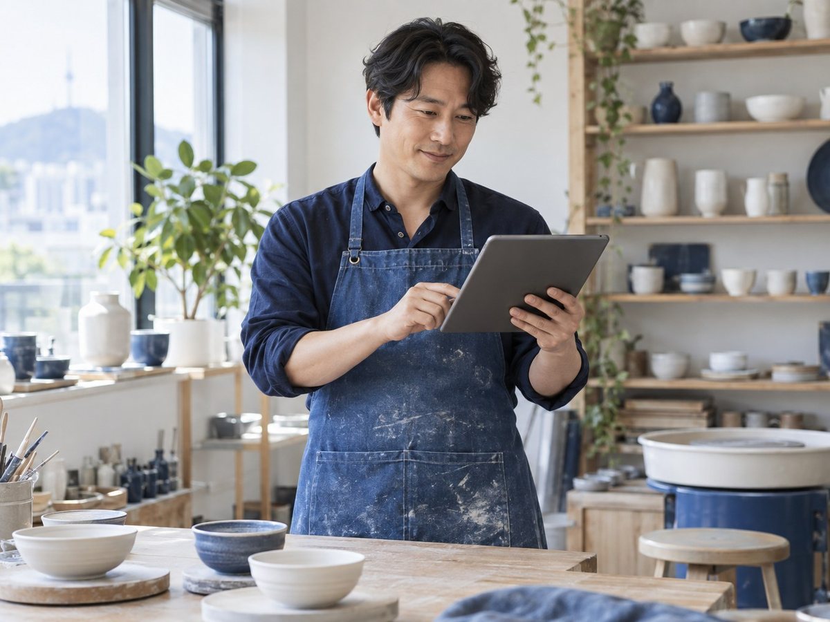 호텔 PG가입 · 공방에서 태블릿을 보는 앞치마 차림의 남자(연출 사진)